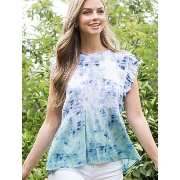 THML Dip Dye Ruffle Sleeve Ombré BlouseSize Large‎ Boho Lagenlook Tiered Tunic - Picture 1 of 10